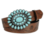Damenwestern blumengravierter gürtel mit türkiser schnalle
