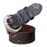 Damenwestern blumig ausgeschnittener ledergürtel mit vintageer schnalle - schwarz