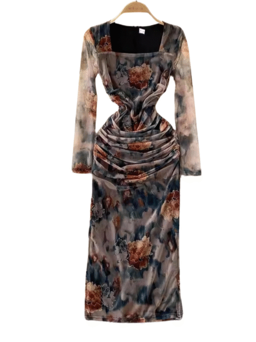 Florales westernkleid mit quadratischem ausschnitt und geraffter taille