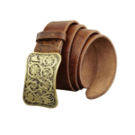 Herren vintage ledergürtel mit floraler messing-schnalle - gelb-braun