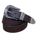Herren western ledergürtel mit floral gravierter schnalle - burgunder