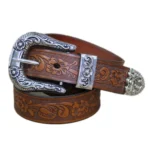 Herren western ledergürtel mit floral gravierter schnalle - camel
