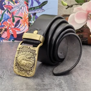 Herren-westernledergürtel mit messing-chief-schnalle - schwarz