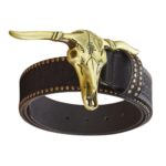 Herrenwesterngürtel mit bronzener stierschädelgürtelschnalle - Schwarz
