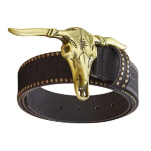 Herrenwesterngürtel mit bronzener stierschädelgürtelschnalle - Schwarz