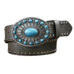 Grau mit nieten verzierten western-gürtel für frauen mit türkisfarbenen schnallenakzenten