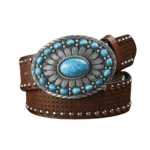 Mit nieten verziertem western-gürtel für frauen mit türkisfarbenen schnallenakzenten - kaffee