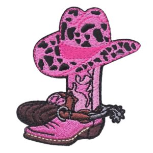 Rosa kuhmuster cowboyhut und stiefel bestickter aufnäher