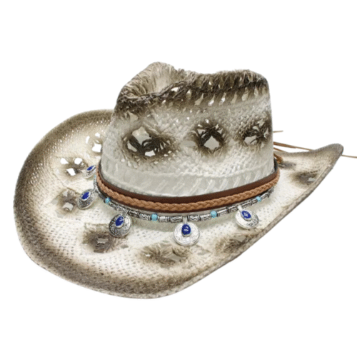 Stroh cowboyhut mit ethnischem lederband