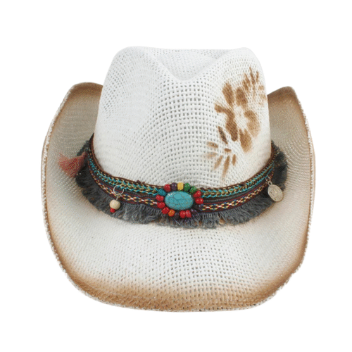 Strohcowboyhut mit gebranntem blumenmuster
