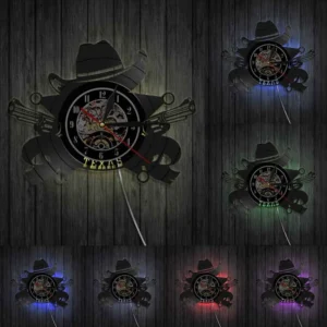 Texas cowboyhut und revolver vinylwanduhr - mit led