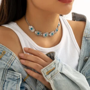 Vintage silbernes concho choker halskette mit türkisen akzenten - slivertone01