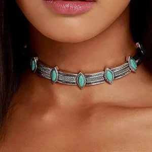 Vintage silbernes concho choker halskette mit türkisen akzenten - slivertone02