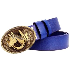 Western ledergürtel mit hufeisen und pferdekopfschnalle - blau