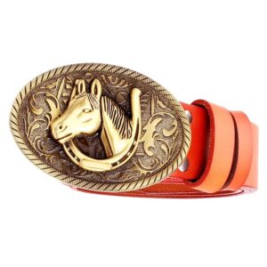 Western ledergürtel mit hufeisen und pferdekopfschnalle - orange