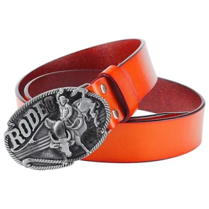 Western ledergürtel mit rodeo-bullrider-schnalle - orange