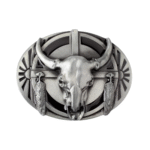 Western-stierschädel-cowboygürtelschnalle mit federnakzenten - silber Western-stierschädel-cowboygürtelschnalle mit federnakzenten - silber