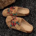Western wildleder-fransen-pantoffeln mit perlen - camel