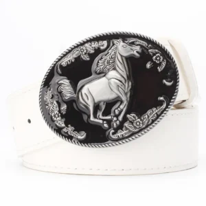 Westerngürtel mit pferdekopf-schnalle für männer und frauen - schwarz mit weiß