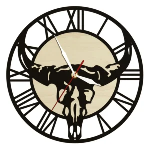 Western Stiertotenschädel Holzwanduhr - 30 cm
