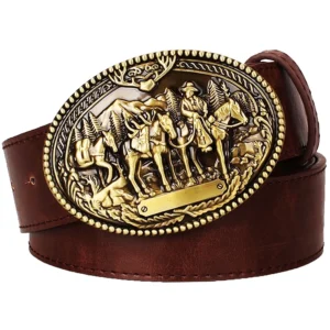 Wildwest-cowboygürtel mit goldener pferdeszene-schnalle - braun